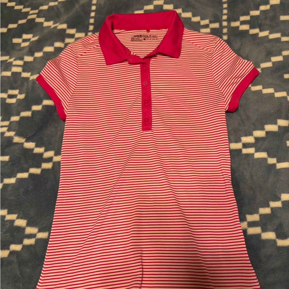 Nike bright pink and white striped golf shirt xs